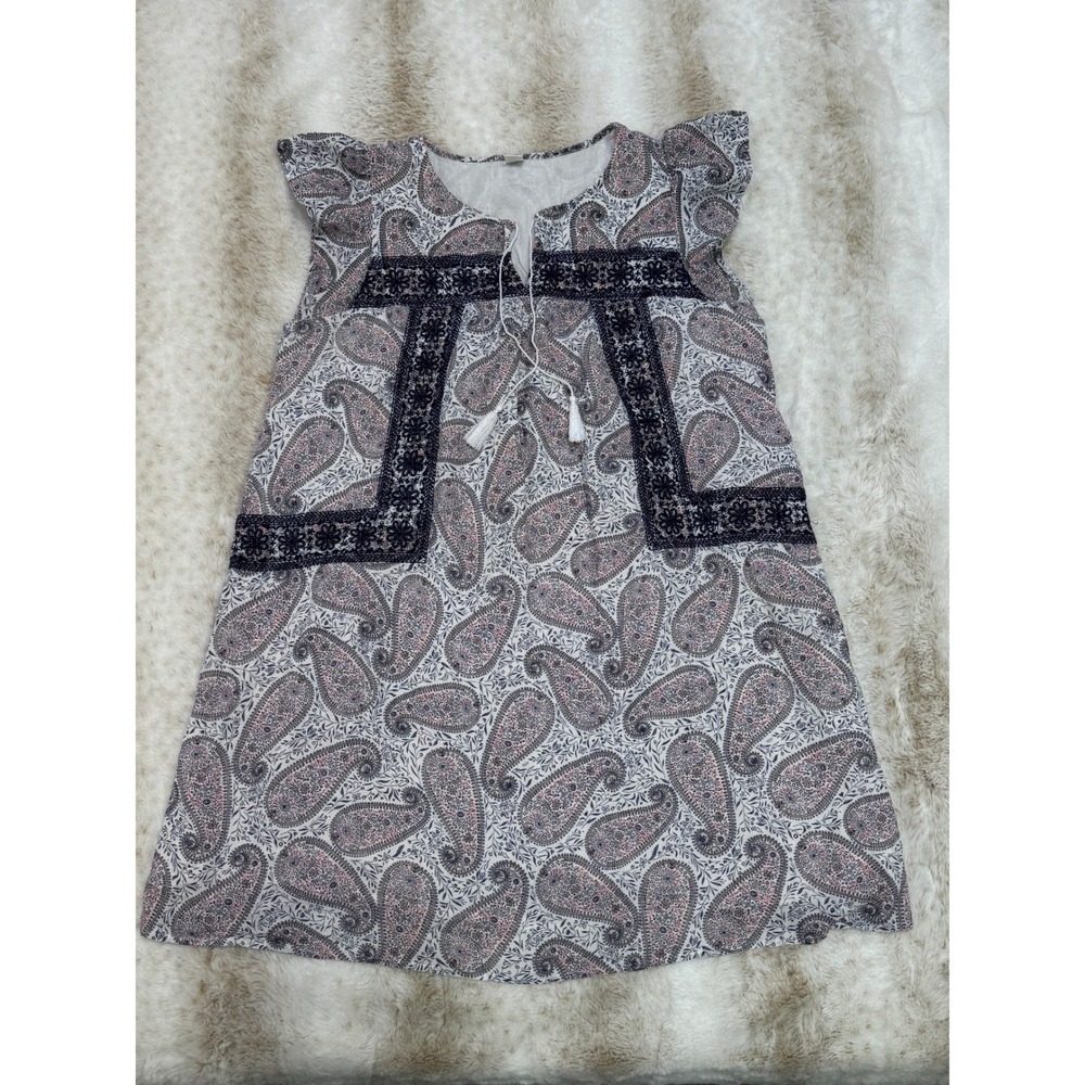 Old Navy Dress Womens L White Blue Flutter Paisley Embroidered Boho